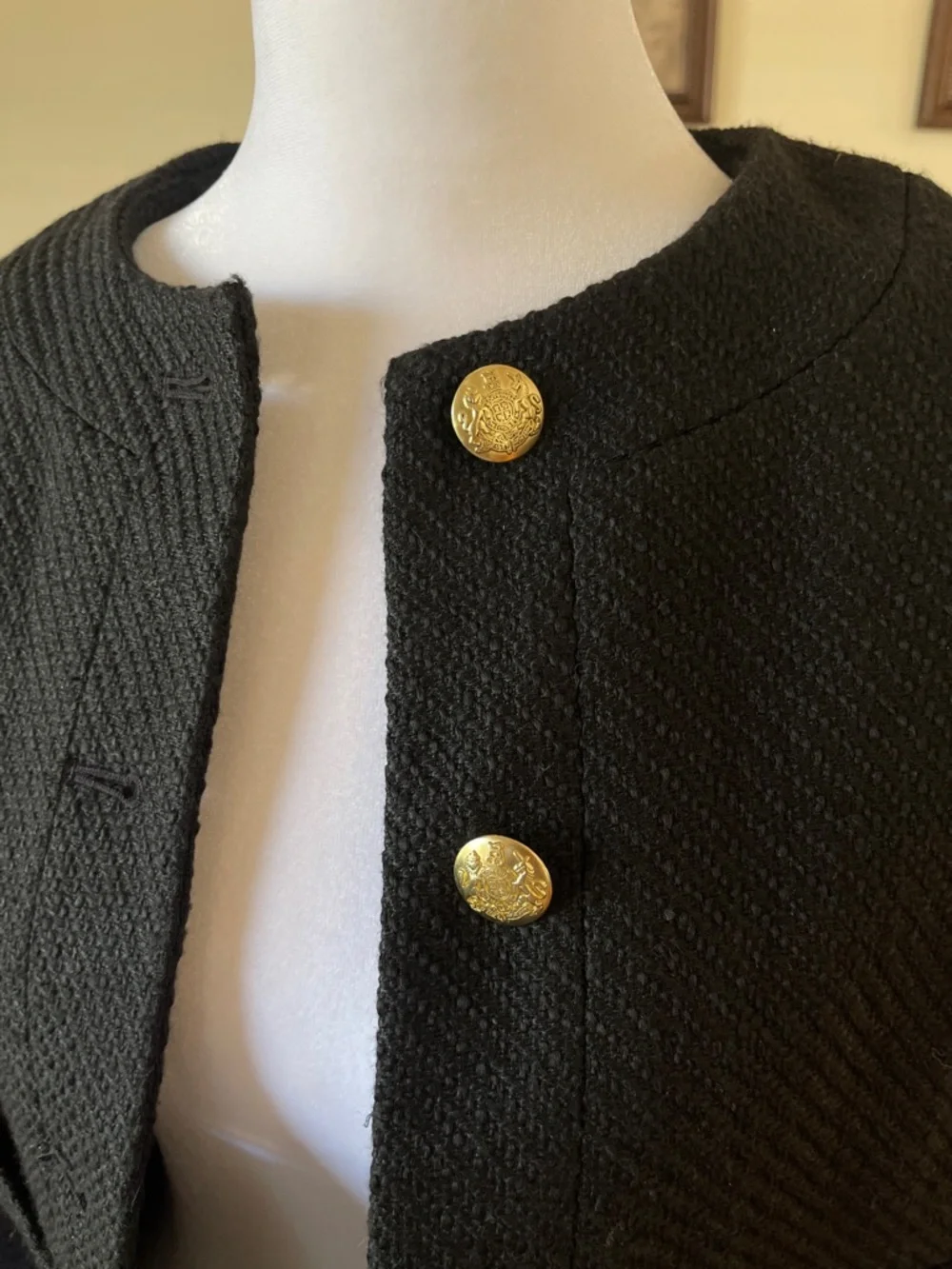 J. Crew Black Tweed Button-Front Blazer with Gold Buttons